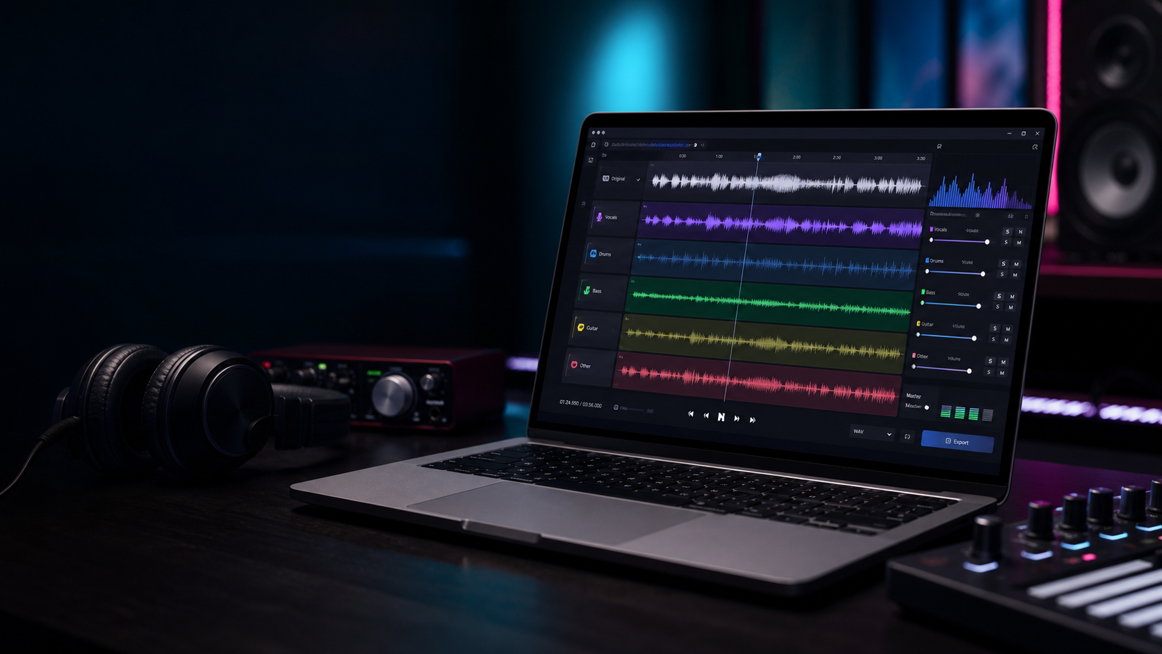 Laptop running audio stem separation software in a creator studio